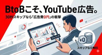 BtoB向けYouTube広告のイメージ｜ビジネスマンがタブレットで動画広告を見ている様子と30秒課金ルールのアイコン