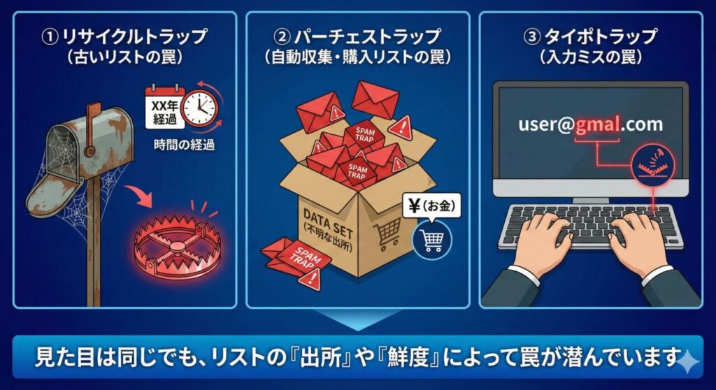 図解：スパムトラップの3つの種類。①時間が経過した古いリスト（リサイクルトラップ）、②不明な出所から購入したリスト（パーチェストラップ）、③キーボードでの入力ミス（タイポトラップ）。リストの出所や鮮度によって見えない罠が潜んでいることを解説したイラスト