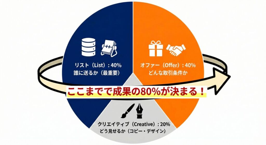 ダイレクトマーケティングの40-40-20の法則を示す円グラフ。成功要因の比率は「リスト(誰に送るか)」が40%、「オファー(どんな条件か)」が40%、「クリエイティブ(どう見せるか)」が20%であること。特にリストとオファーで成果の80%が決まることを強調した図解。