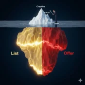 alt="ダイレクトマーケティングの成功法則「40-40-20」を示す氷山の図解。水面上のわずかな部分（クリエイティブ）ではなく、水面下の巨大な土台（リストとオファー）が重要であることを表現している様子。"