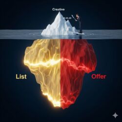 alt="ダイレクトマーケティングの成功法則「40-40-20」を示す氷山の図解。水面上のわずかな部分（クリエイティブ）ではなく、水面下の巨大な土台（リストとオファー）が重要であることを表現している様子。"