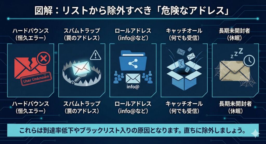 図解:リストから除外すべき5つの危険なアドレス。到達率低下やブラックリスト入りの原因となる「ハードバウンス(恒久エラー)」「スパムトラップ(罠のアドレス)」「ロールアドレス(info@など)」「キャッチオール(何でも受信)」「長期未開封者(休眠)」のアイコンと、直ちに除外を促す警告メッセージのイラスト