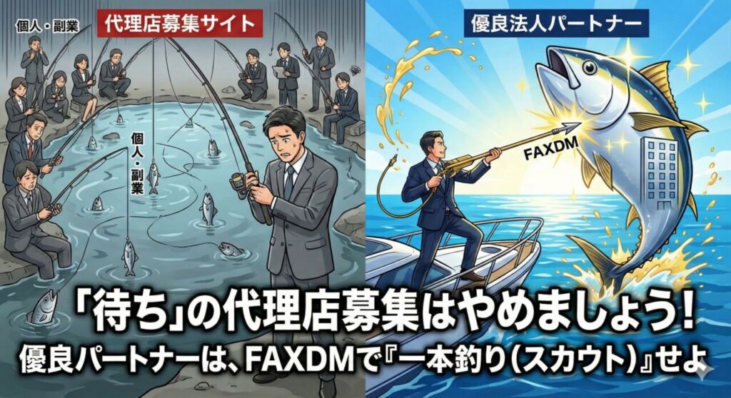 混雑した代理店募集サイトで成果が出ない様子と、FAXDMを使って優良な法人パートナーを一本釣り（スカウト）する成功イメージの対比イラスト。タイトル「「待ち」の代理店募集はやめなさい！優良パートナーは、FAXDMで『一本釣り（スカウト）』せよ」。