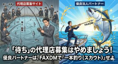 混雑した代理店募集サイトで成果が出ない様子と、FAXDMを使って優良な法人パートナーを一本釣り（スカウト）する成功イメージの対比イラスト。タイトル「「待ち」の代理店募集はやめなさい！優良パートナーは、FAXDMで『一本釣り（スカウト）』せよ」。