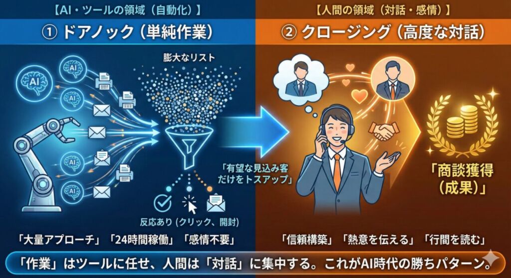 図解：AI時代の最強ハイブリッド営業モデル。ドアノック（単純作業）はAI・ツールが自動化し、クロージング（対話・感情）は人間が担う役割分担のプロセス図
