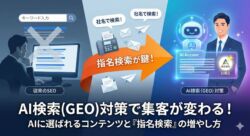 AI検索(GEO)対策のアイキャッチ。従来のSEOの限界と、AI検索で引用される未来の間に、FAXDMやメールを活用した「指名検索」が架け橋となる戦略イメージ図。