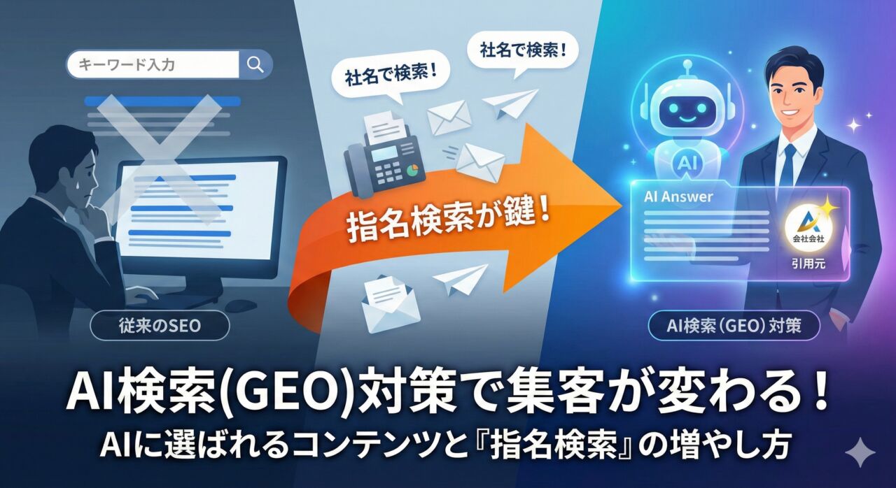 AI検索(GEO)対策のアイキャッチ。従来のSEOの限界と、AI検索で引用される未来の間に、FAXDMやメールを活用した「指名検索」が架け橋となる戦略イメージ図。