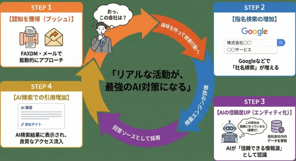 アナログ施策から始まるAI検索対策の循環図。FAXDMやメールで認知を広げ、指名検索を増やすことでAIからの信頼を獲得し、検索結果での引用につなげるメカニズム。