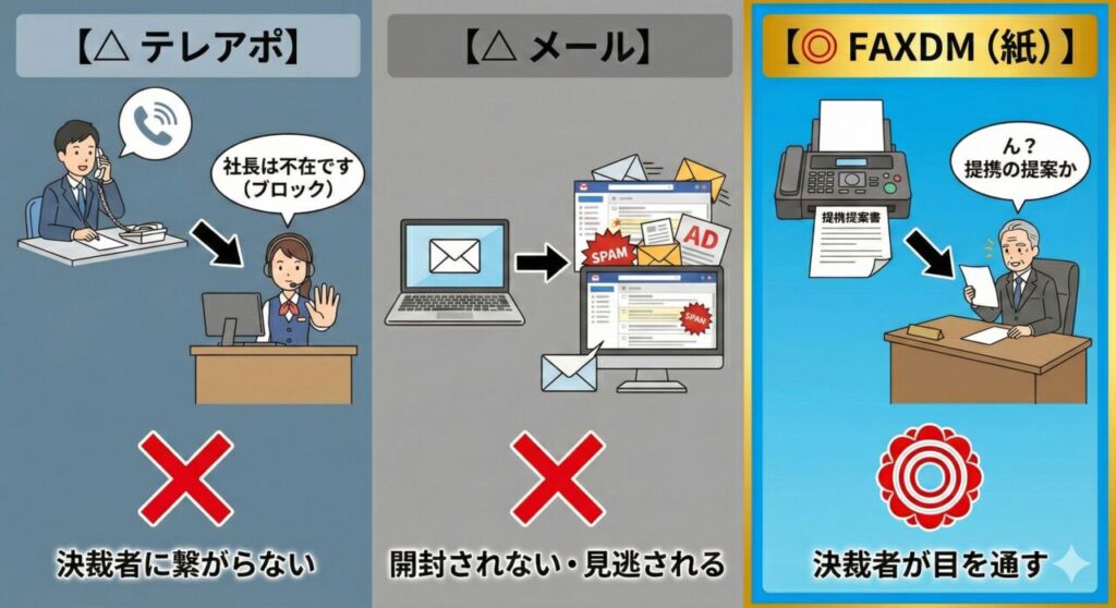 パートナー開拓手法の比較図。テレアポは受付でブロックされ、メールは埋もれてしまうが、FAXDMは紙として出力されるため社長（決裁者）のデスクに直接届き、目を通されるという優位性を説明。