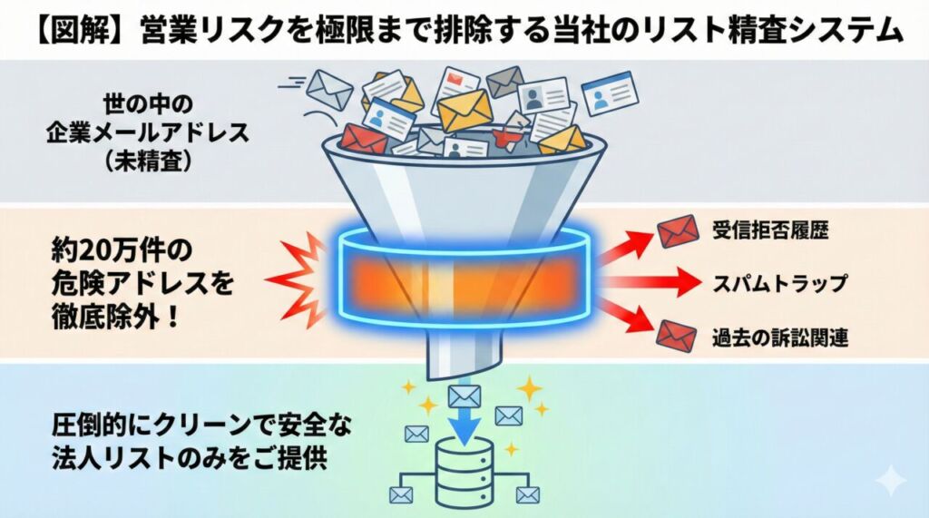 図解：営業リスクを極限まで排除する当社のリスト精査システム。世の中の未精査な企業メールアドレスから、受信拒否履歴・スパムトラップ・過去の訴訟関連など約20万件の危険アドレスをフィルターで徹底除外して、圧倒的にクリーンで安全な法人リストのみを提供する仕組み。