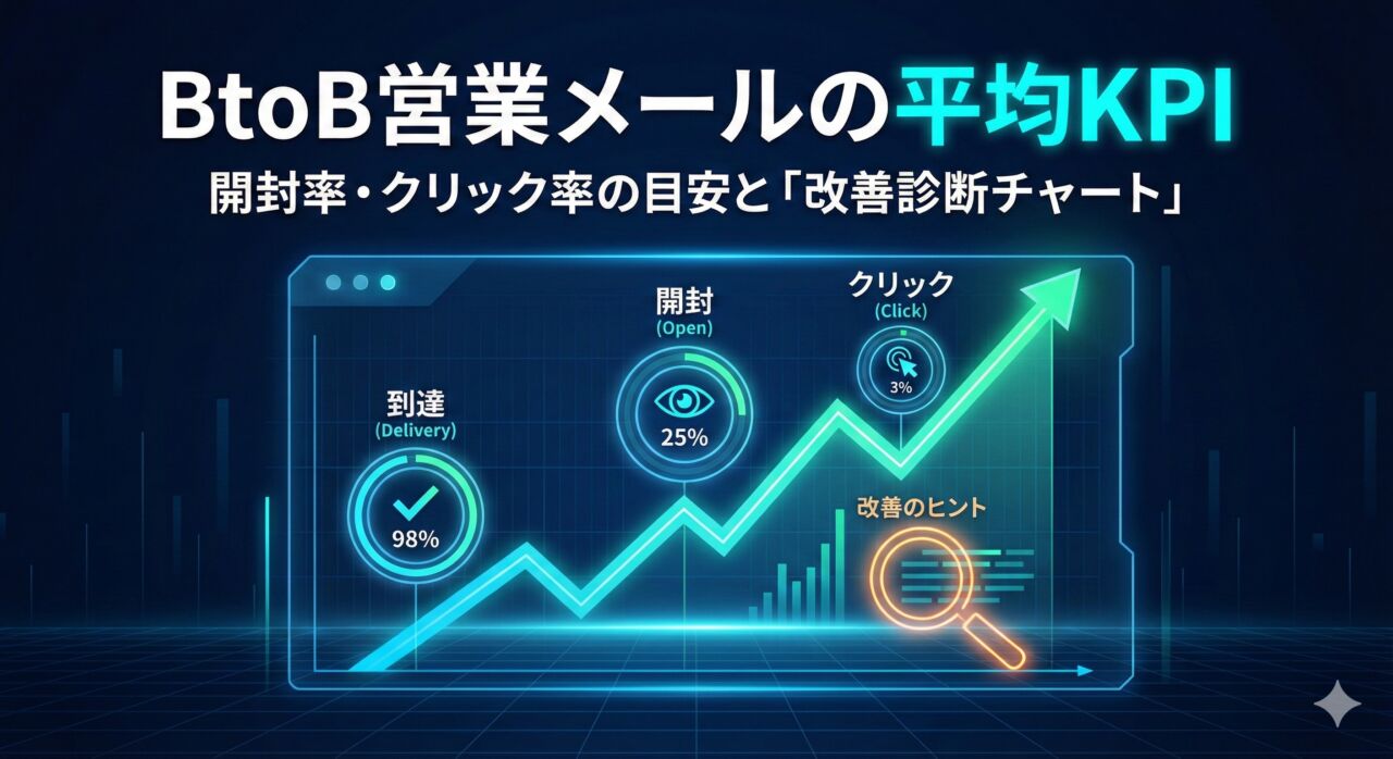 BtoB営業メールの平均KPIと改善診断チャートのアイキャッチ画像。右肩上がりの成長グラフを示すデジタルダッシュボードに、到達率98%、開封率25%、クリック率3%の目安数値が表示され、虫眼鏡で改善のヒントを探している様子を描いたイラスト