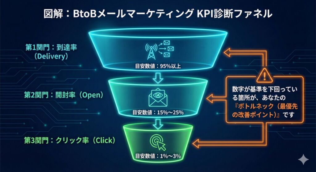 図解：BtoBメールマーケティングのKPI診断ファネル。上から第1関門の到達率（目安95%以上）、第2関門の開封率（目安15%〜25%）、第3関門のクリック率（目安1%〜3%）と3段の漏斗で示され、自社の数字がこの基準を下回っている箇所が最優先の改善ポイント（ボトルネック）であることを解説したイラスト
※画像が見えない環境の読者でも、3つの指標と具体的な「目安数値」がテキストでしっかり伝わるように記述しています。