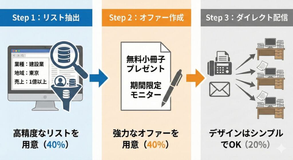 BtoBダイレクトマーケティングの実践3ステップ図解。Step1「業種・地域などで絞り込んだ高精度リストの抽出（40%）」、Step2「無料小冊子などの強力なオファー作成（40%）」、Step3「FAXやメールでのダイレクト配信（20%）」の流れ。