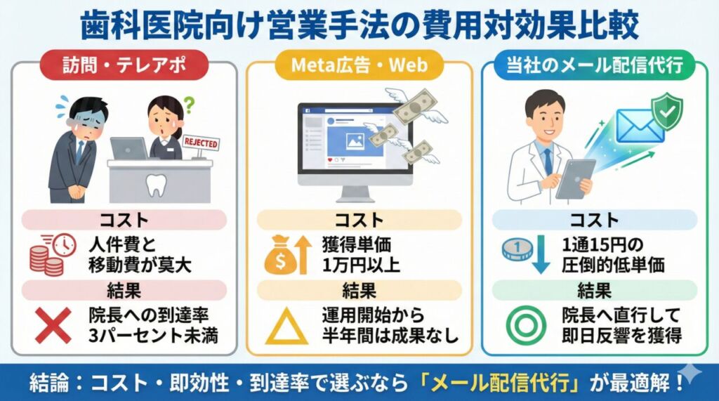 歯科医院向け営業手法の費用対効果を比較したインフォグラフィック図解。訪問営業やMeta広告と当社のメール配信代行のコストと到達率を比較しています。