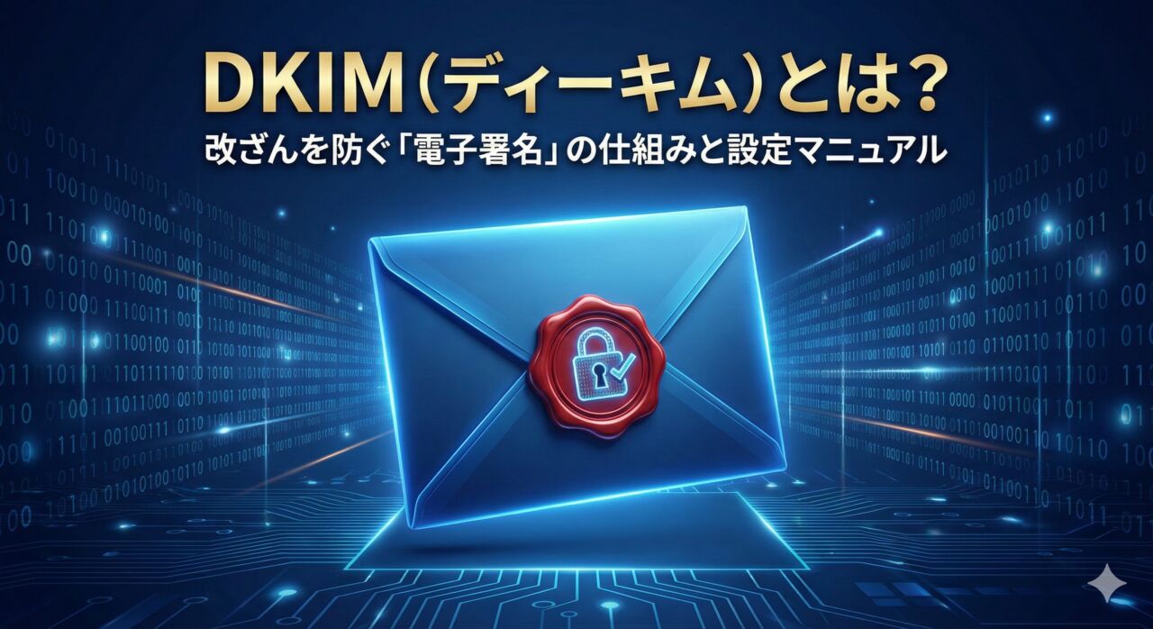 DKIM（ディーキム）とは？改ざんを防ぐ「電子署名」の仕組みと設定マニュアル。デジタル空間に浮かぶ青い封筒に、改ざん防止の証である赤い封蝋（デジタルの鍵穴とチェックマーク）が施されたイラス