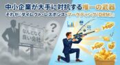 alt="大手の非効率な「イメージ広告」と、中小企業がDRM（ダイレクト・レスポンス・マーケティング）の武器（ライフル、FAX、メール）を使って「問い合わせ」や「注文」といった具体的な成果を確実に狙い撃ちする様子を対比したイラスト。画像内のテキストは「中小企業が大手に対抗する唯一の武器 それがダイレクト・レスポンス・マーケティング（DRM）」"