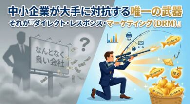 alt="大手の非効率な「イメージ広告」と、中小企業がDRM（ダイレクト・レスポンス・マーケティング）の武器（ライフル、FAX、メール）を使って「問い合わせ」や「注文」といった具体的な成果を確実に狙い撃ちする様子を対比したイラスト。画像内のテキストは「中小企業が大手に対抗する唯一の武器 それがダイレクト・レスポンス・マーケティング（DRM）」"