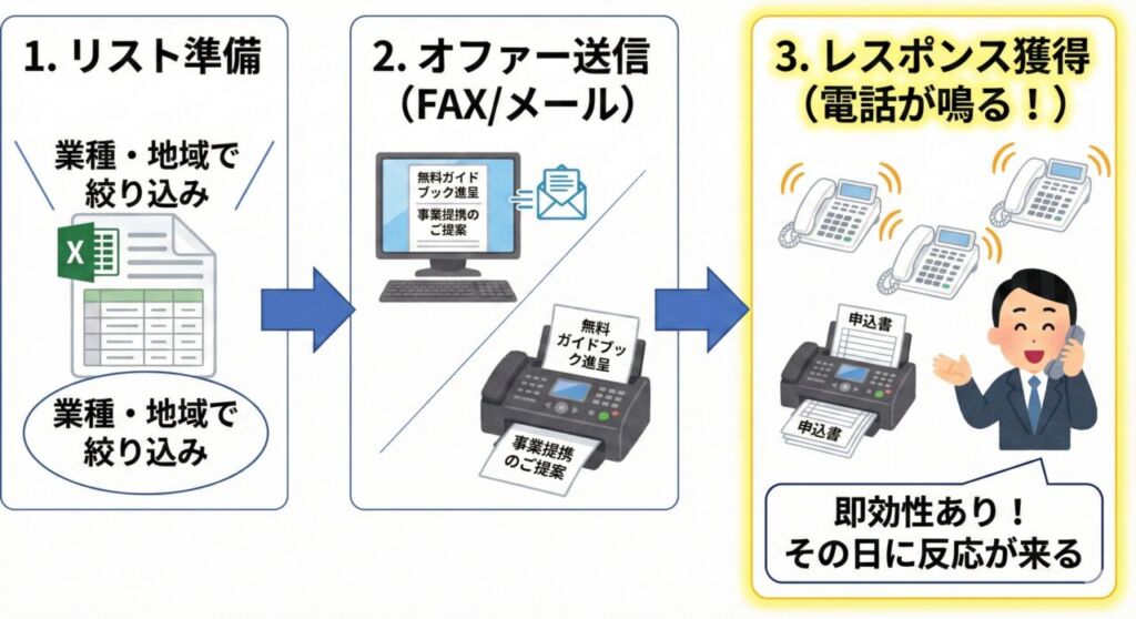 FAXやメールを使ったDRM（ダイレクト・レスポンス・マーケティング）の実践3ステップ図解。1.ターゲットリストの準備、2.オファーの一斉送信、3.その日のうちに電話や申込書が届く「レスポンス獲得」までの流れ。