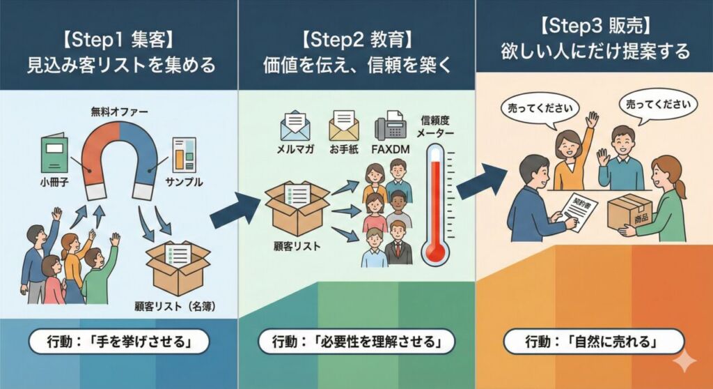 DRM（ダイレクト・レスポンス・マーケティング）を成功させる3つのステップ図解。Step1「集客（磁石でリスト化）」、Step2「教育（情報提供で信頼構築）」、Step3「販売（顧客から求められて売れる）」の流れをイラストで解説。
