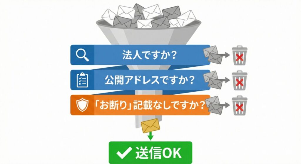 図解:特定電子メール法の送信可否チェックフロー(法人・公開アドレス・拒否記載なしを確認)