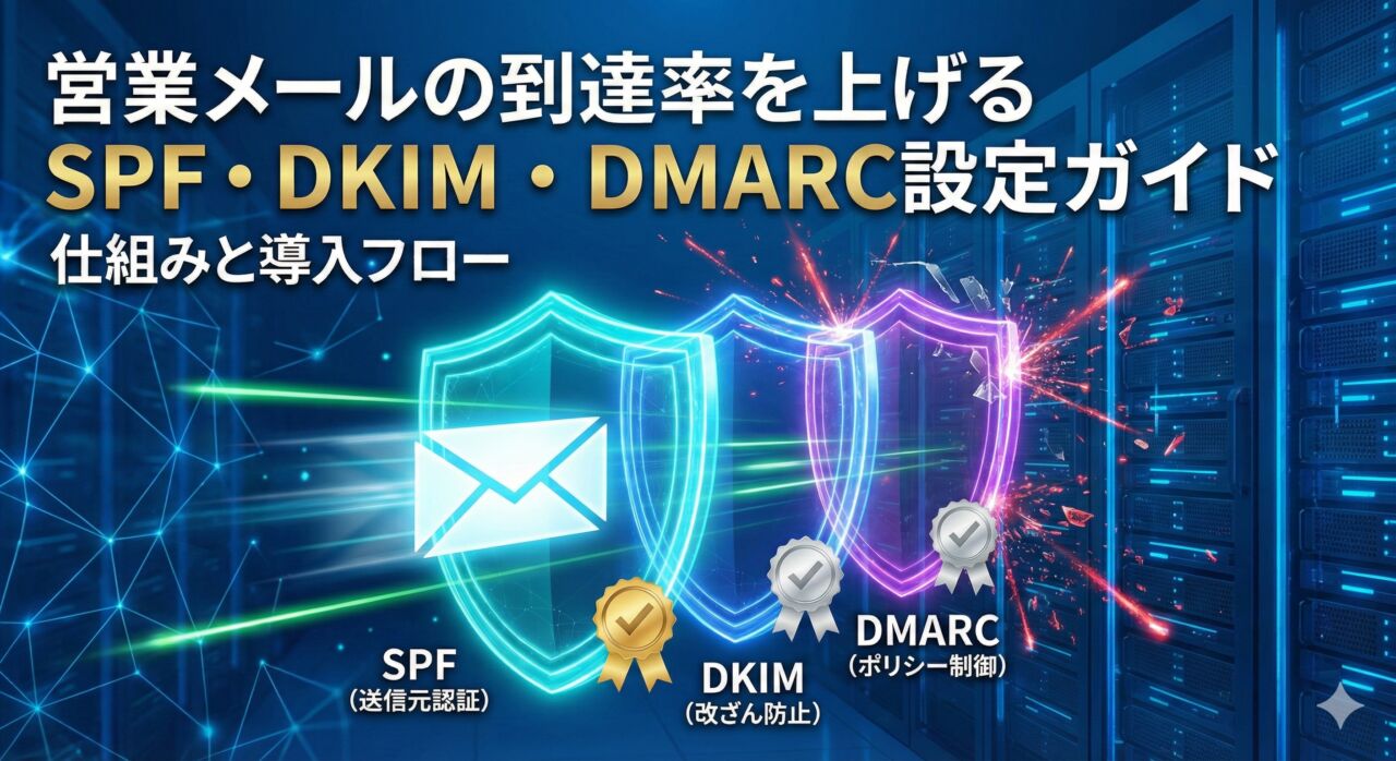 営業メールの到達率を上げるSPF・DKIM・DMARC設定ガイド。SPF（送信元認証）、DKIM（改ざん防止）、DMARC（ポリシー制御）の3つのセキュリティシールドがメールをスパム攻撃から保護し、確実に届ける様子を描いたイメージ。