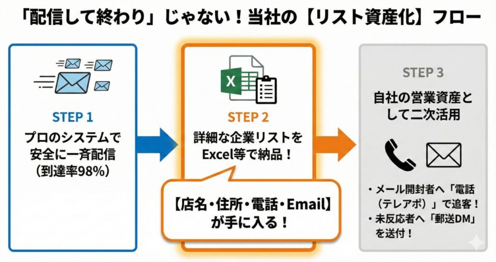 図解:当社のメール配信代行によるリスト資産化フロー。STEP1で安全に一斉配信し、STEP2で店名・住所・電話・Emailを含む詳細な企業リストをExcelで納品。STEP3で電話や郵送DMなどの営業資産として二次活用する一石二鳥の仕組み。