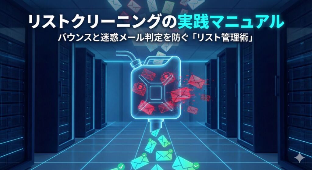リストクリーニングの実践マニュアル。バウンスと迷惑メール判定を防ぐ「リスト管理術」。青く光るデータセンターを背景に、デジタルの漏斗(フィルタ)が赤いドクロマークのエラーメールを弾き、緑のチェックマークが付いた安全なメールだけを抽出しているイラスト