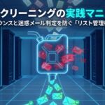 リストクリーニングの実践マニュアル。バウンスと迷惑メール判定を防ぐ「リスト管理術」。青く光るデータセンターを背景に、デジタルの漏斗（フィルタ）が赤いドクロマークのエラーメールを弾き、緑のチェックマークが付いた安全なメールだけを抽出しているイラスト