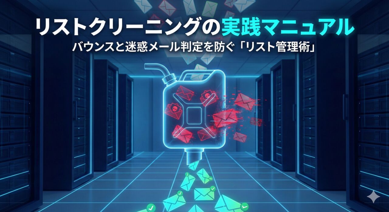 リストクリーニングの実践マニュアル。バウンスと迷惑メール判定を防ぐ「リスト管理術」。青く光るデータセンターを背景に、デジタルの漏斗（フィルタ）が赤いドクロマークのエラーメールを弾き、緑のチェックマークが付いた安全なメールだけを抽出しているイラスト