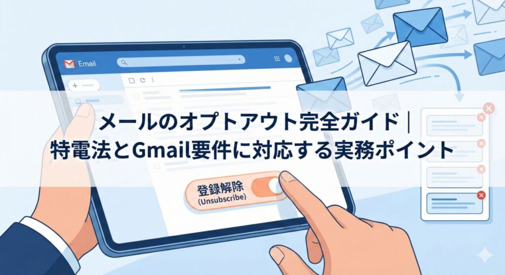 メールのオプトアウト完全ガイド｜特電法とGmail要件に対応する実務ポイント。タブレット上の登録解除ボタンを操作するビジネスパーソンのイラスト