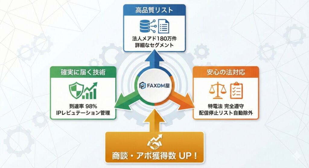 FAXDM屋のメール配信代行が選ばれる3つの強み（高品質法人リスト180万件・到達率98%の技術・特電法完全遵守）により、商談・アポ獲得数が向上する仕組み