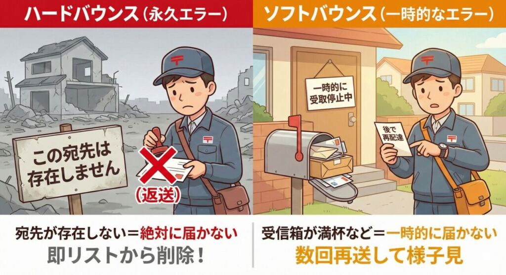ハードバウンス(永久エラー)とソフトバウンス(一時的なエラー)の違い。左側は廃墟の前で返送スタンプを押す郵便配達員(宛先が存在しない)、右側は満杯の郵便受けの前で再配達のメモを持つ郵便配達員(一時的に届かない)のイラスト。それぞれの対処法(即削除、再送して様子見)も記載