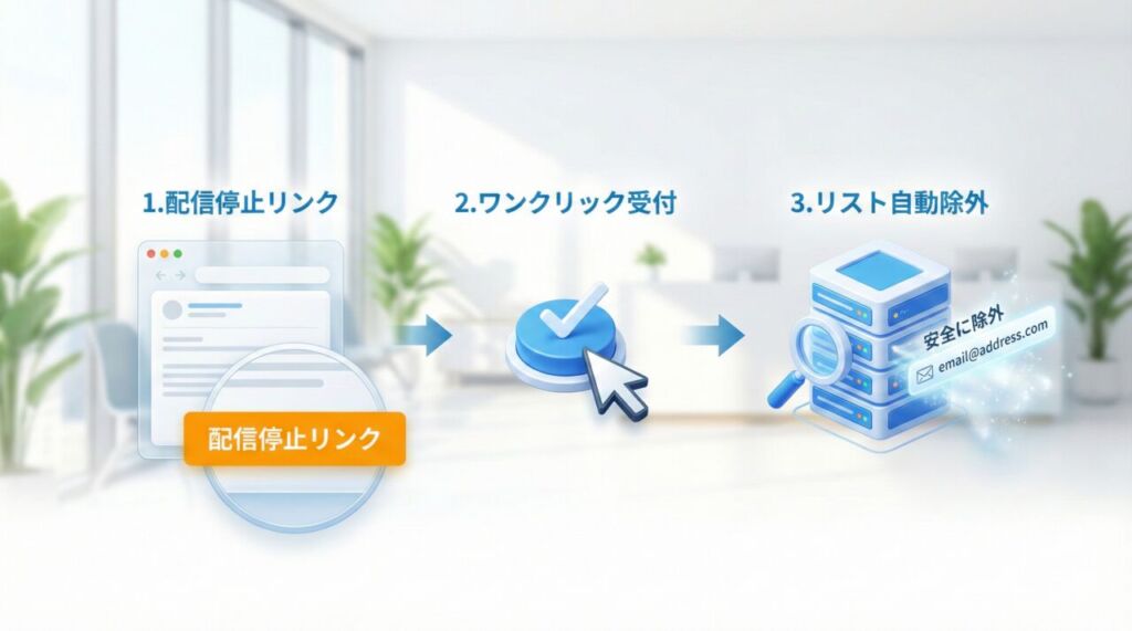 病院向け営業メールの特電法遵守フロー図。配信停止リンクからリスト自動除外までの安全な3ステップ