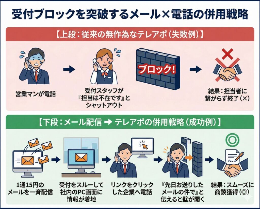 人材業界向け営業戦略「受付ブロックを突破するメール×電話の併用戦略」の比較インフォグラフィック。上段は従来の無作為テレアポ(失敗例)で、受付でブロックされ担当者に繋がらず終了するフロー。下段はメール配信➔テレアポの併用戦略(成功例)で、1通15円のメールを一斉配信し受付をスルーしてPC画面に着地、リンククリック企業へ電話し「先日お送りしたメールの件で」と伝えると壁が開きスムーズに商談獲得するフローを描いています。