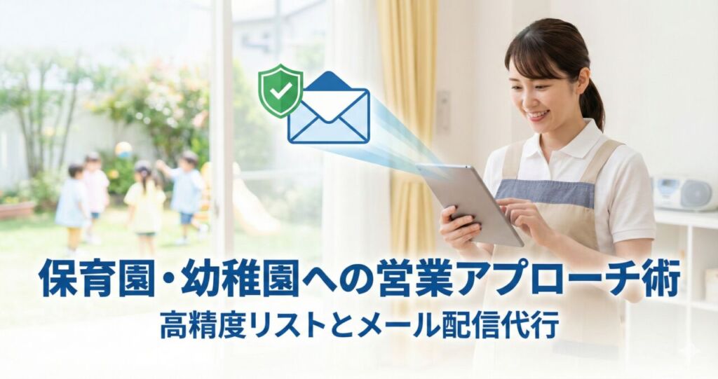 タブレットで安全な案内メールを受信する保育園長のアイキャッチ画像。「保育園・幼稚園への営業アプローチ術 高精度リストとメール配信代行」と記載されており、多忙な保育施設へ確実に情報を届ける最適な営業手法を表現しています。