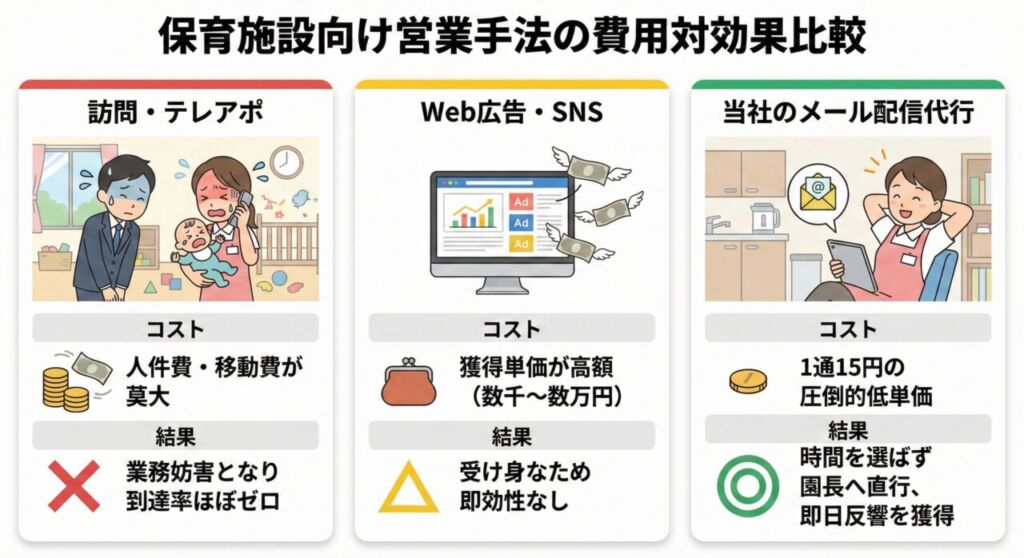 保育施設向け営業手法の費用対効果を比較したインフォグラフィック図解。訪問営業やテレアポ、Web広告と当社のメール配信代行のコストと到達率を比較しています。多忙な保育現場の業務妨害となるテレアポを避け、低単価で園長へ直行するメール営業が最適解であることを示しています。