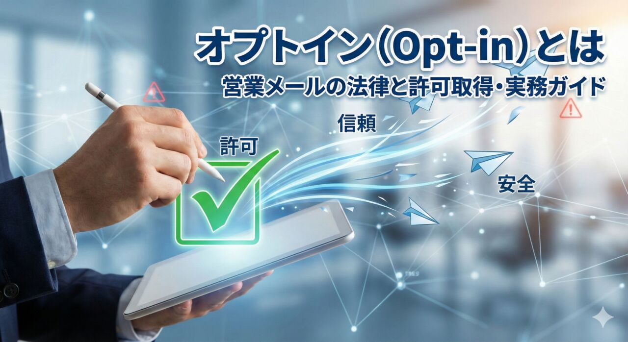 オプトイン（Opt-in）とは｜営業メールの法律と許可取得・実務ガイド。チェックマーク（許可）を経て安全にメールが配信されるイメージ
