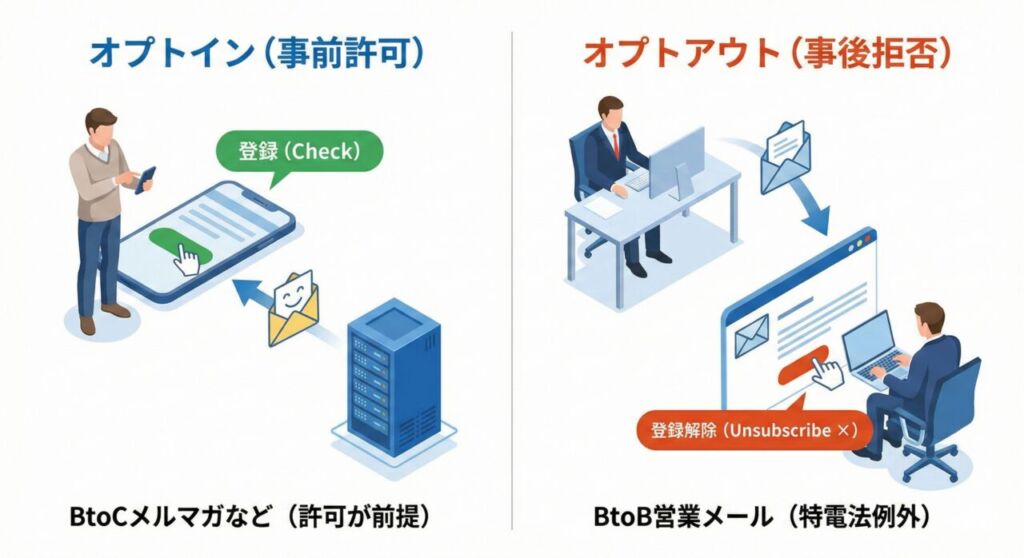 図解：オプトイン（事前許可）とオプトアウト（事後拒否）の業務フロー比較。BtoCは登録後に配信、BtoB営業メールは配信後に解除（Unsubscribe）を受け付ける特電法の例外モデル