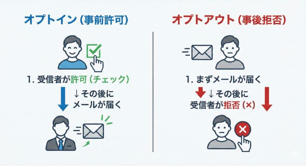 図解：オプトイン（事前許可）とオプトアウト（事後拒否）の違い。オプトインは受信者の許可後にメールが届き、オプトアウトは届いたメールに対して拒否を行う流れの比較図