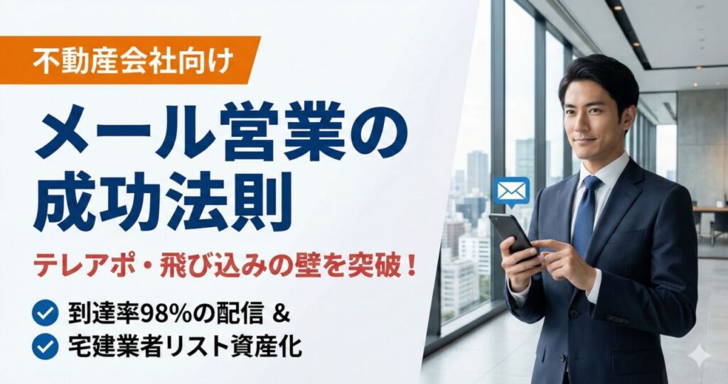 不動産会社向けメール営業の成功法則。テレアポ・飛び込みの壁を突破し、到達率98%の配信と宅建業者リストの資産化を提案するアイキャッチ画像。オフィスを背景にスマートフォンを確認するスーツ姿の男性。