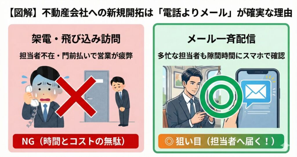 図解:不動産会社への新規開拓は電話よりメールが確実な理由。架電や飛び込み訪問は担当者不在や門前払いで時間とコストの無駄(NG)。一方、メール一斉配信なら多忙な担当者も隙間時間にスマホで確認できるため担当者へ届きやすい(狙い目)。