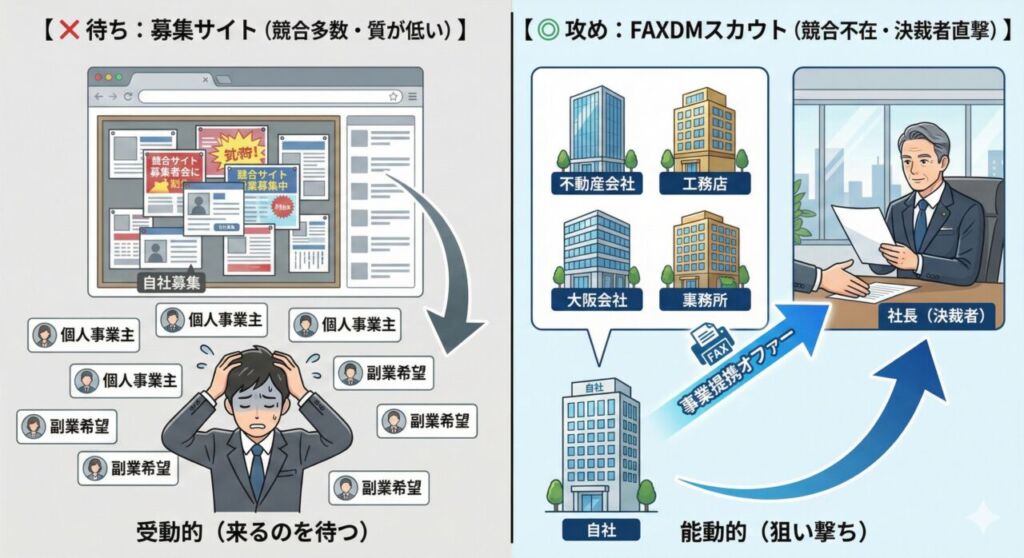 代理店募集サイトでの受動的な「待ち」の姿勢と、FAXDMを使った能動的な「攻め（スカウト）」の姿勢の比較図。募集サイトは競合に埋もれ質が低いが、スカウトはターゲット企業を狙い撃ちし決裁者と直接つながる様子。