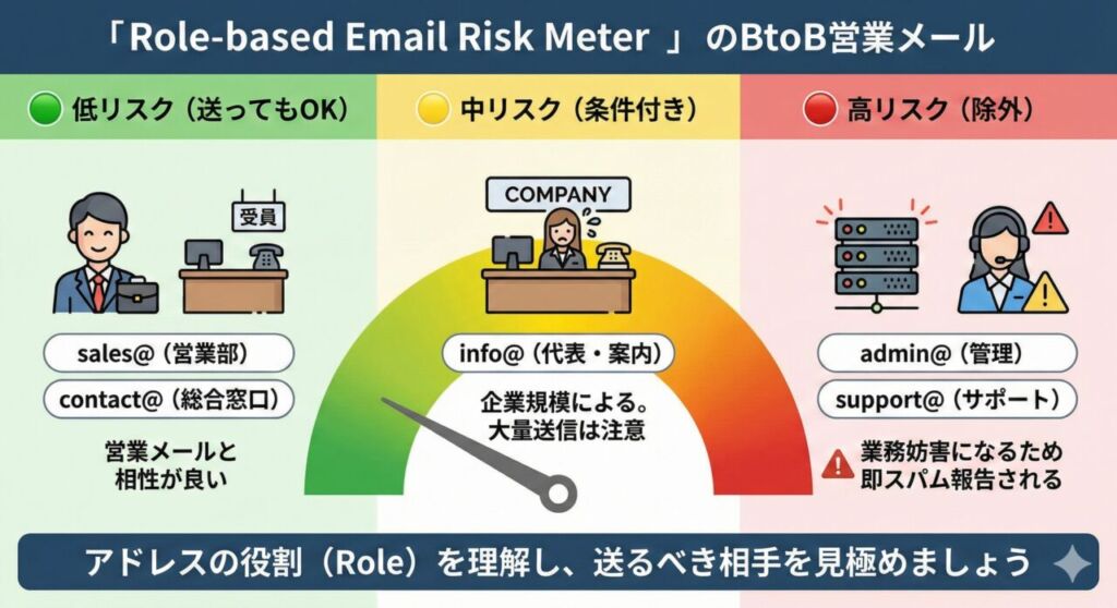ロールアドレスの種類と危険度分類を示す図。sales@やcontact@は低リスク（送ってもOK）、info@は中リスク（条件付き）、admin@やsupport@は高リスク（除外）として、BtoB営業メールを送る際の安全性を信号機のようなメーターで視覚的に比較解説したイラスト