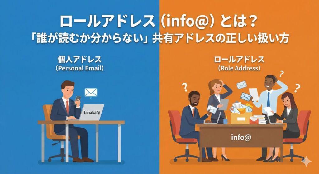 ロールアドレス（info@）とは？左側は個人アドレス（tanaka@）で1人がメールを管理する様子、右側はロールアドレス（info@）で複数人が共有デスクに集まり「誰宛のメールか分からない」と困惑しながら仕分ける様子を比較したイラスト