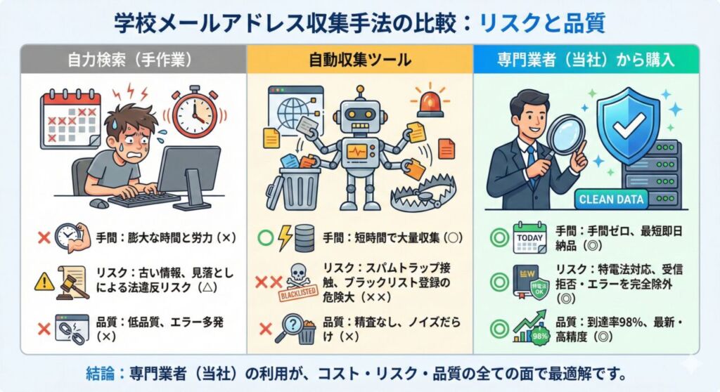 「学校メールアドレス収集手法の比較:リスクと品質」を示すインフォグラフィック図解。左から「自力検索(手作業)」は膨大な手間と法的リスクがある、「自動収集ツール」は短時間だがスパムトラップ接触などの重大リスクがある、「専門業者(当社)から購入」は手間ゼロで特電法対応・高精度なリストが得られる、という3つの手法を比較し、専門業者の利用が最適解であると結論付けています。