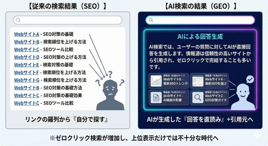 従来のSEO検索結果とAI検索（GEO/SGE）結果の違いを示す比較図。リンクの羅列から、AIによる回答生成と引用元表示へと変化している様子。