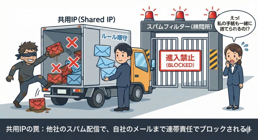 図解:共用IP(Shared IP)の罠。同じ配達トラックに悪質な送信者がスパムメールを載せた結果、スパムフィルター(検問所)で進入禁止となり、誠実な送信者のクリーンなメールまで連帯責任でブロックされてしまう様子を描いたイラスト