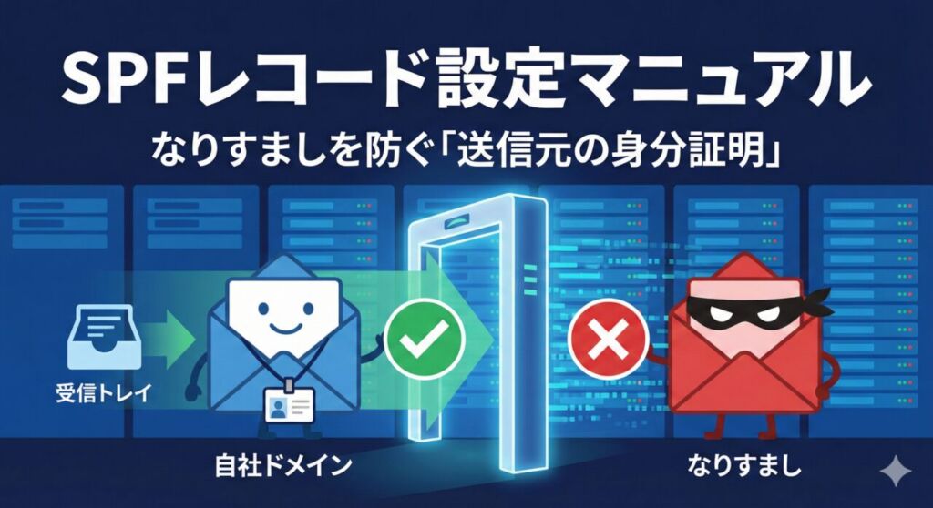 SPFレコード設定マニュアル。IDカード(身分証明書)を持つ正規のメール(自社ドメイン)はセキュリティゲートの認証を通過して受信トレイへ届き、身分証明を持たないなりすましメールはブロックされる仕組みを描いたイラスト