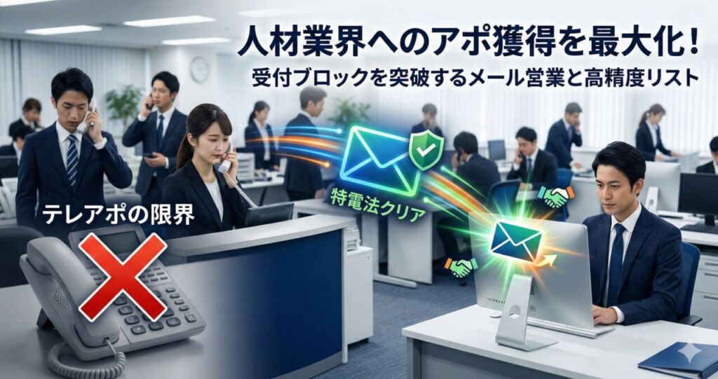 電話対応に追われる人材業界のオフィス風景。左側にはテレアポが受付でブロックされる限界が示され、右側には特電法をクリアした安全な営業メールが受付を飛び越えて社内のパソコン画面へ直接届く様子が描かれています。「人材業界へのアポ獲得を最大化!受付ブロックを突破するメール営業と高精度リスト」と記載されたアイキャッチ画像です。