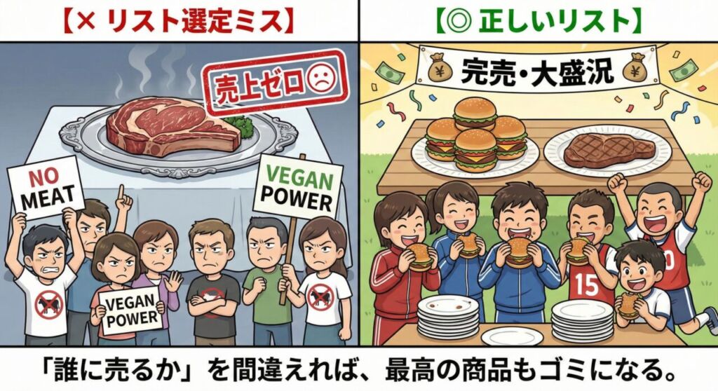 リスト選定の重要性を示す比較イラスト。左側はベジタリアンに高級ステーキを売ろうとして「売上ゼロ」になる失敗例。右側は腹ペコの学生にハンバーガーを売って「完売・大盛況」になる成功例。「誰に売るか」を間違えれば商品は売れないことを図解。